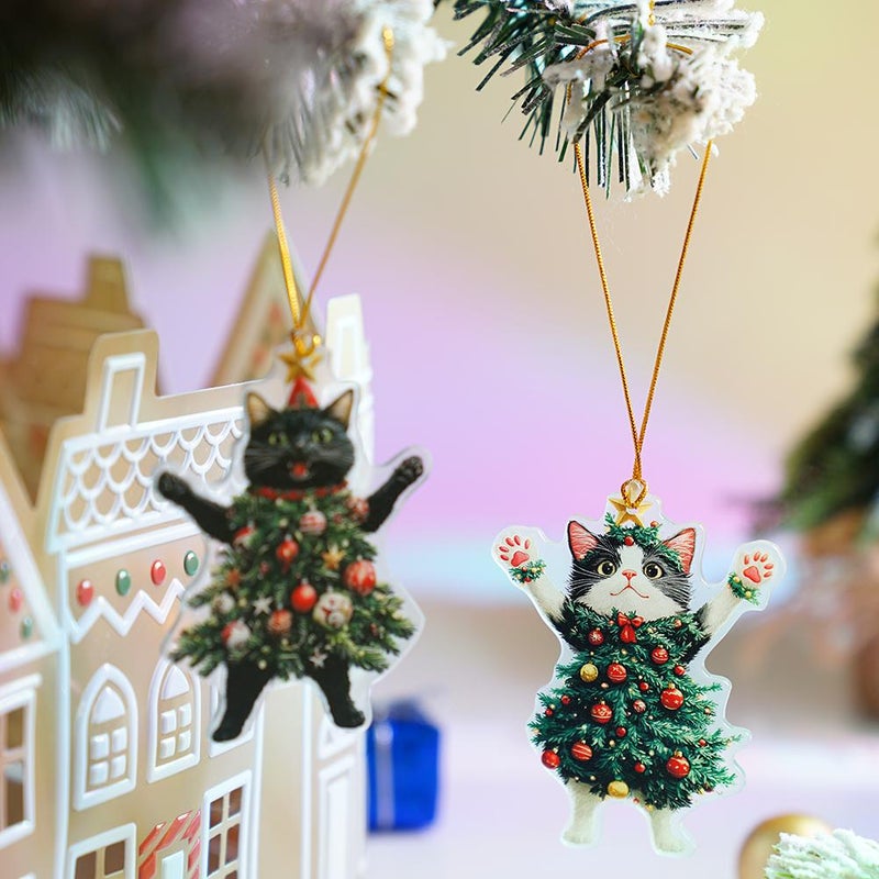 Cute Acrylic Christmas Cat Ornament – 8x6cm Festive Holiday Decoration, Fun Black Cat in Tree Design, Perfect for Pet Lovers & Gift Giving (Black + White) - Image 5